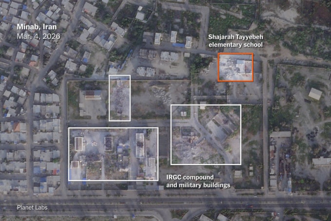 Vị trí trường học (màu đỏ) và khu phức hợp của IRGC cùng các tòa nhà quân sự hôm 4/3. Ảnh: Planet Labs