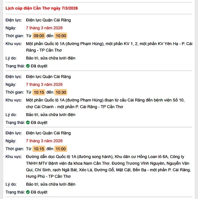 Tra cứu lịch cúp điện Cần Thơ hôm nay Thứ 7 ngày 7/3/2026- Ảnh 1.