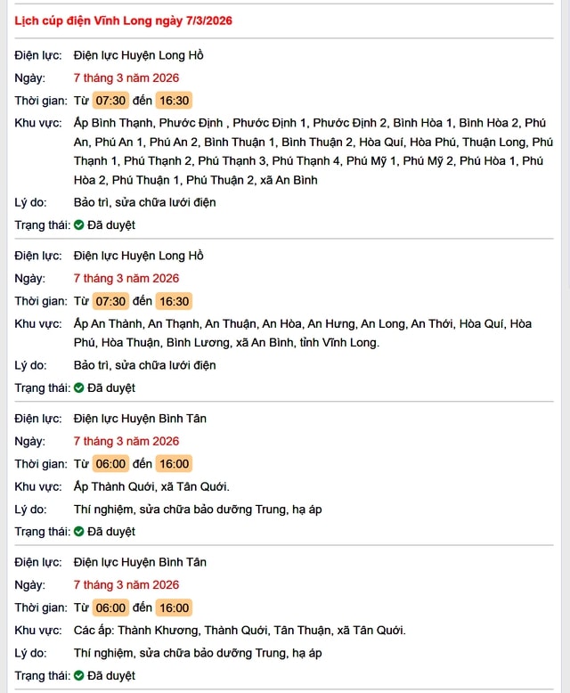 Tra cứu lịch cúp điện Vĩnh Long hôm nay Thứ 7 ngày 7/3/2026- Ảnh 1.