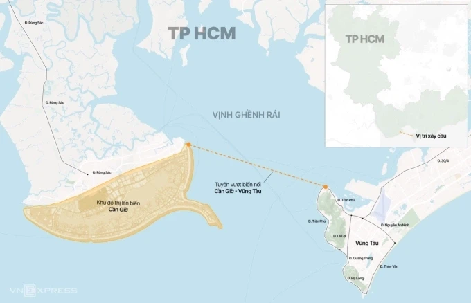 Vị trí đường vượt biển nối Cần Giờ - Vũng Tàu theo đề xuất. Đồ họa: Tâm Thảo