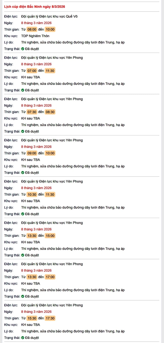 Tra cứu lịch cắt điện Bắc Ninh hôm nay Chủ Nhật ngày 8/3/2026- Ảnh 1.