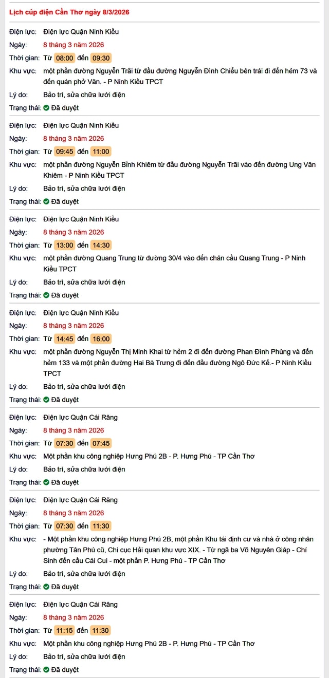 Tra cứu lịch cúp điện Cần Thơ hôm nay Chủ Nhật ngày 8/3/2026- Ảnh 1.