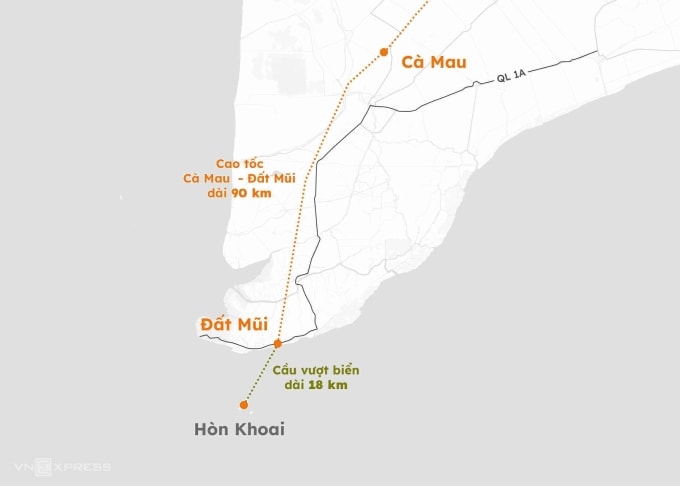 Vị trí cầu vượt biển nối đất liền ra đảo Hòn Khoai. Đồ họa: Hoàng Thanh