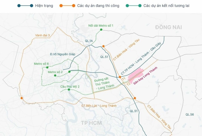 Mạng lưới giao thông kết nối TP HCM với sân bay Long Thành. Đồ họa: Khánh Hoàng