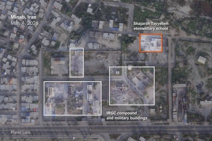 Vị trí trường học (màu đỏ) và khu phức hợp của IRGC cùng các tòa nhà quân sự hôm 4/3. Ảnh: Planet Labs