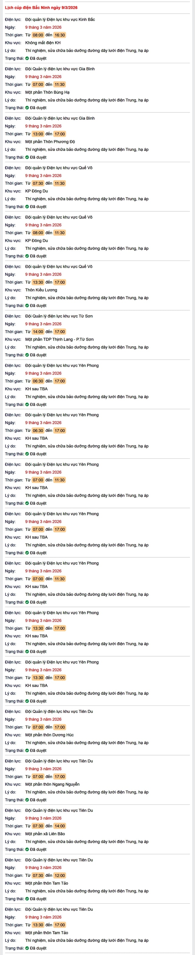 Tra cứu lịch cắt điện Bắc Ninh hôm nay Thứ 2 ngày 9/3/2026- Ảnh 1.