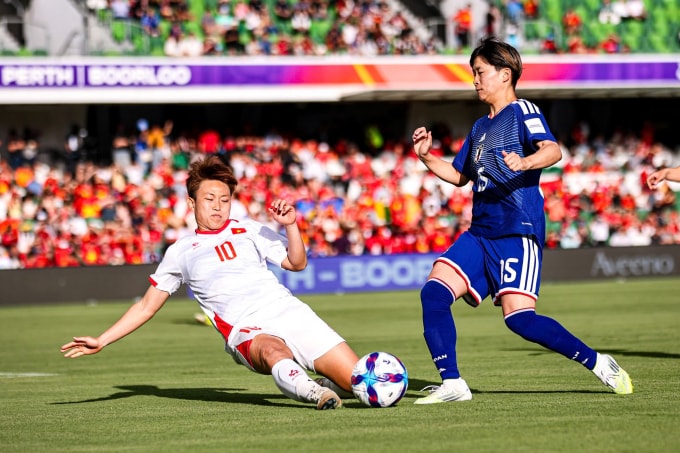 Cầu thủ Việt Nam vất vả phòng ngự trong trận thua Nhật Bản 0-4 ở lượt cuối bảng C, VCK Asian Cup nữ 2026, chiều 10/3. Ảnh: AFC