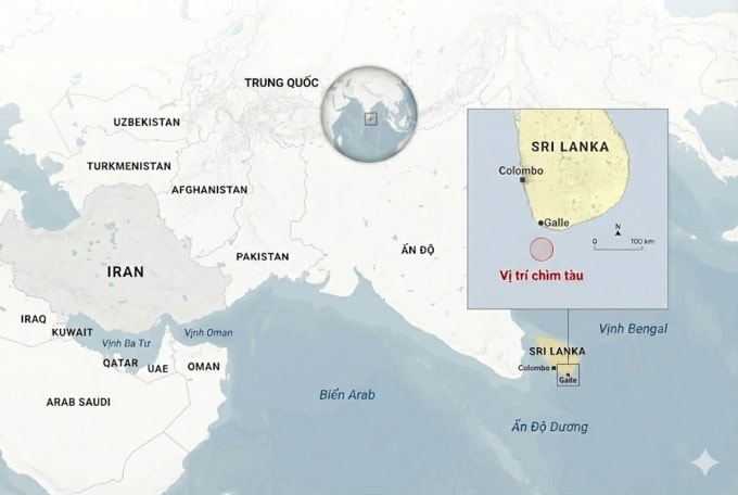 Vị trí tàu chiến Iran chìm ngoài khơi Sri Lanka. Đồ họa: AA