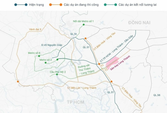 Mạng lưới giao thông kết nối TP HCM với sân bay Long Thành. Đồ họa: Khánh Hoàng