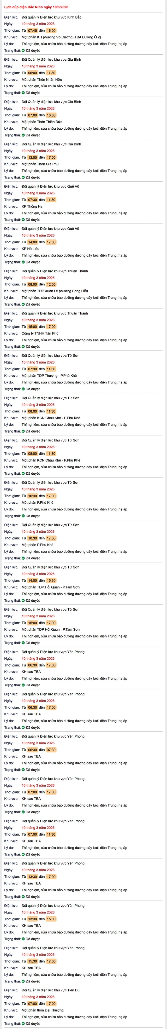 Tra cứu lịch cắt điện Bắc Ninh hôm nay Thứ 3 ngày 10/3/2026- Ảnh 1.