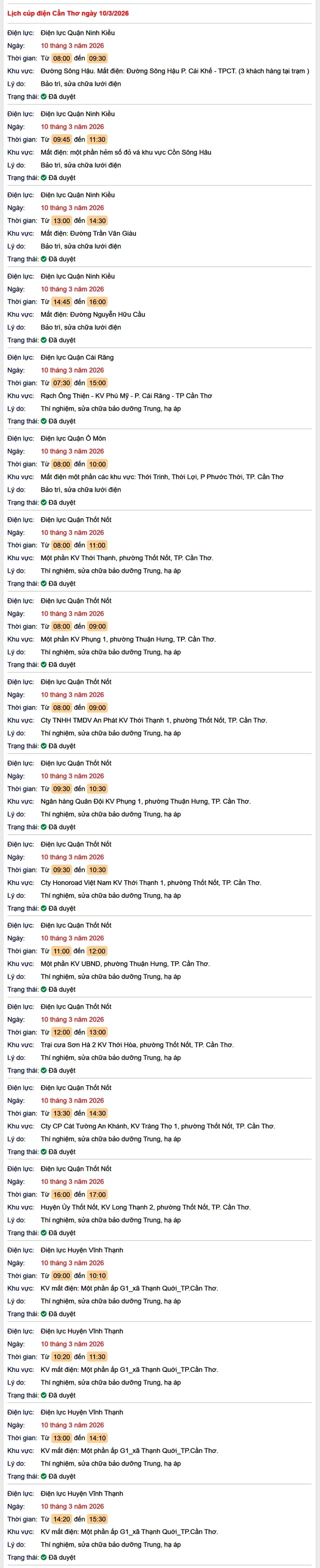 Tra cứu lịch cúp điện Cần Thơ hôm nay Thứ 3 ngày 10/3/2026- Ảnh 1.