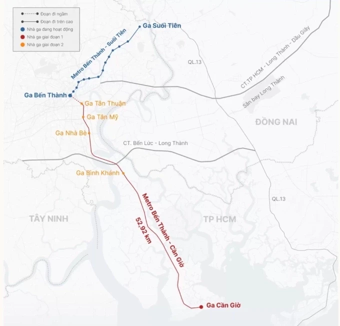 Hướng tuyến dự án Metro Bến Thành - Cần Giờ. Đồ họa: Khánh Hoàng