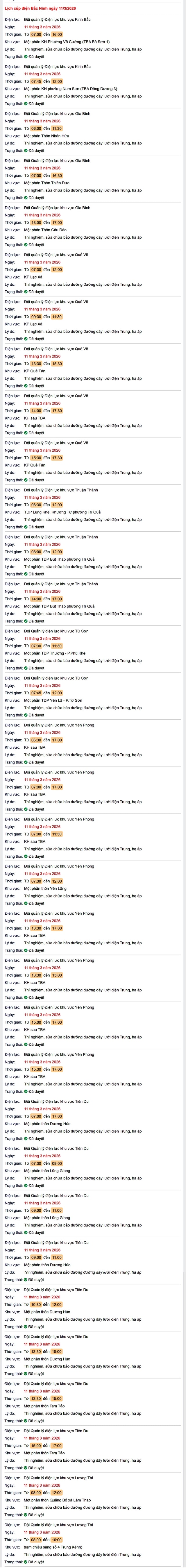 Tra cứu lịch cắt điện Bắc Ninh hôm nay Thứ 4 ngày 11/3/2026- Ảnh 1.