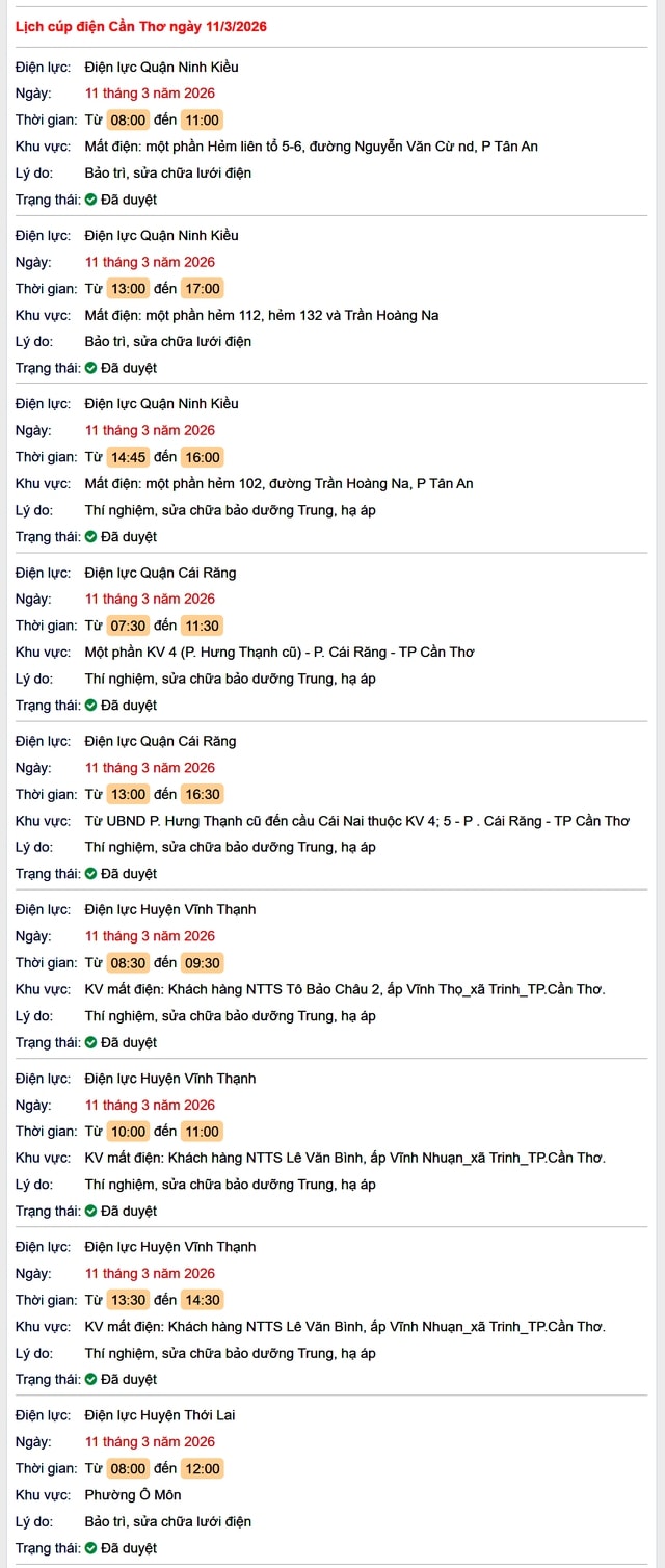 Tra cứu lịch cúp điện Cần Thơ hôm nay Thứ 4 ngày 11/3/2026- Ảnh 1.