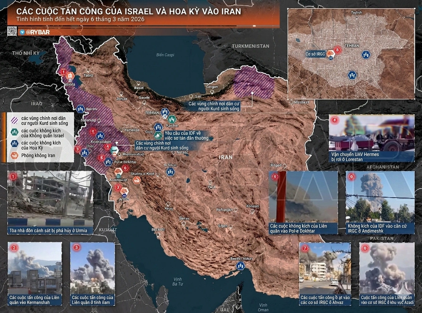 Bản đồ các cuộc không kích của Mỹ - Israel nhắm vào Iran tính đến hết ngày 6/3. (Ảnh: Rybar)