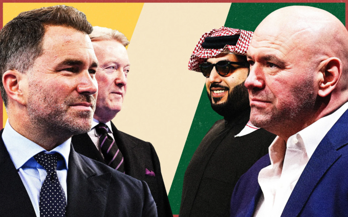Dana White và Turki Alalshikh (phải) đe dọa đế chế quyền Anh của hai nhà quảng bá truyền thống Eddie Hearn và Frank Warren. Ảnh: Telegraph