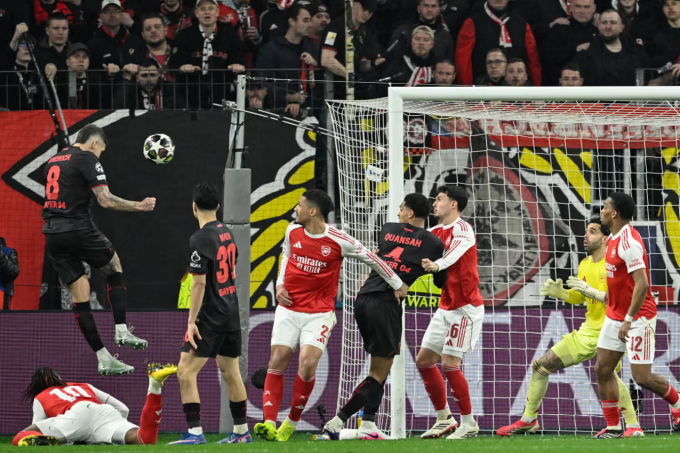 Robert Andrich đánh đầu mở tỷ số trong trận Leverkusen hòa Arsenal 1-1 ở lượt đi vòng 1/8 Champions League trên sân BayArena, Leverkusen, Nordrhein-Westfalen, Đức ngày 11/3/2026. Ảnh: AFP