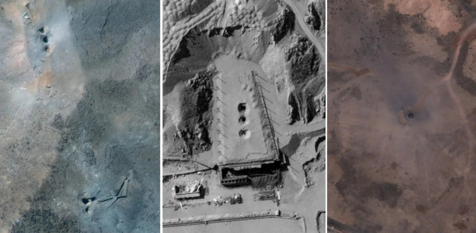 So sánh các điểm va chạm tại cơ sở Taleghan 2 (giữa) với dấu vết ở tổ hợp Fordow ((trái) và Natanz. Ảnh: Vantor, Maxar