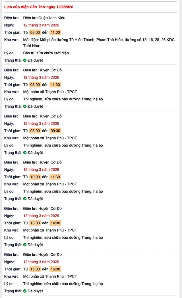 Tra cứu lịch cúp điện Cần Thơ hôm nay Thứ 5 ngày 12/3/2026- Ảnh 1.