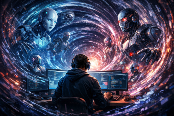 Minh họa nghề lập trình viên trước dòng xoáy AI Agent. Ảnh: ChatGPT