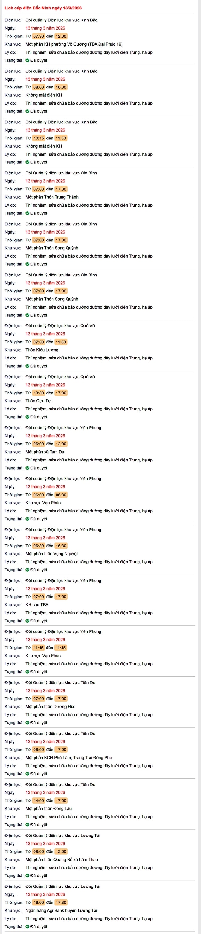 Tra cứu lịch cắt điện Bắc Ninh hôm nay Thứ 6 ngày 13/3/2026- Ảnh 1.