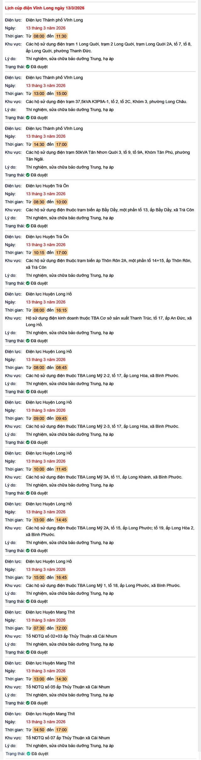Tra cứu lịch cúp điện Vĩnh Long hôm nay Thứ 6 ngày 13/3/2026- Ảnh 1.