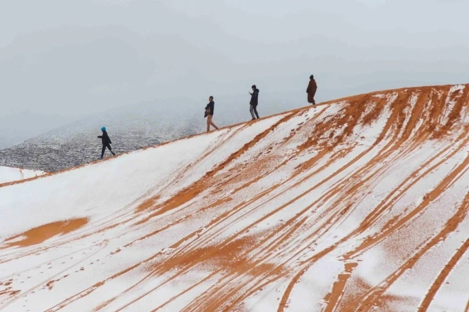 Một góc sa mạc Sahara phủ đầy tuyết. Ảnh: Bav Media