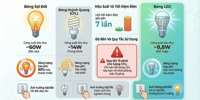 So sánh hiệu năng của các loại bóng đèn chiếu sáng gia đình. Đồ họa: Phan Dương