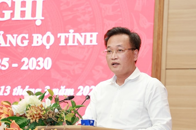 Bí thư Tỉnh ủy Nguyễn Hữu Nghĩa phát biểu tại hội nghị chiều 13/3 về việc xem xét lập Đề án thành lập Khu kinh tế tự do Hưng Yên. Ảnh: Xuân Hoa