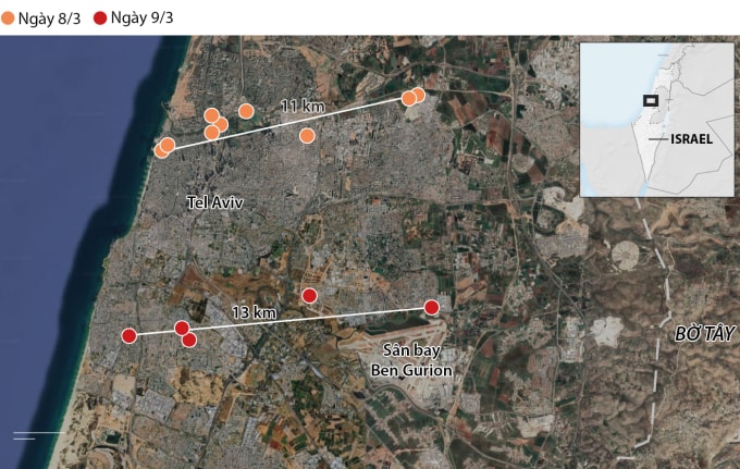 Vị trí tên lửa Iran thả đạn con trong vụ tập kích nhằm vào Tel Aviv ngày 8 và 9/3. Đồ họa: CNN