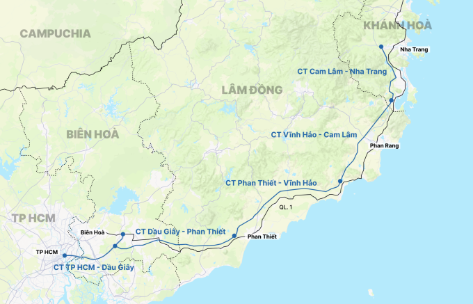 Hướng tuyến cao tốc Cam Lâm - Vĩnh Hảo, một trong 5 đoạn kết nối TP HCM với Nha Trang. Đồ hoạ: Tâm Thảo