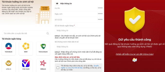 Sau khi chọn ngân hàng nơi mở tài khoản, người dân nhập các thông tin họ tên, ngày sinh, căn cước, số tài khoản và tích vào phần Tôi đã đọc mục đích chia sẻ, xử lý dữ liệu để gửi yêu cầu tích hợp lên hệ thống. Ảnh: Hồng Chiêu