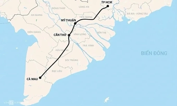 Hướng tuyến cao tốc Cần Thơ - Cà Mau. Đồ họa: Hoàng Chương