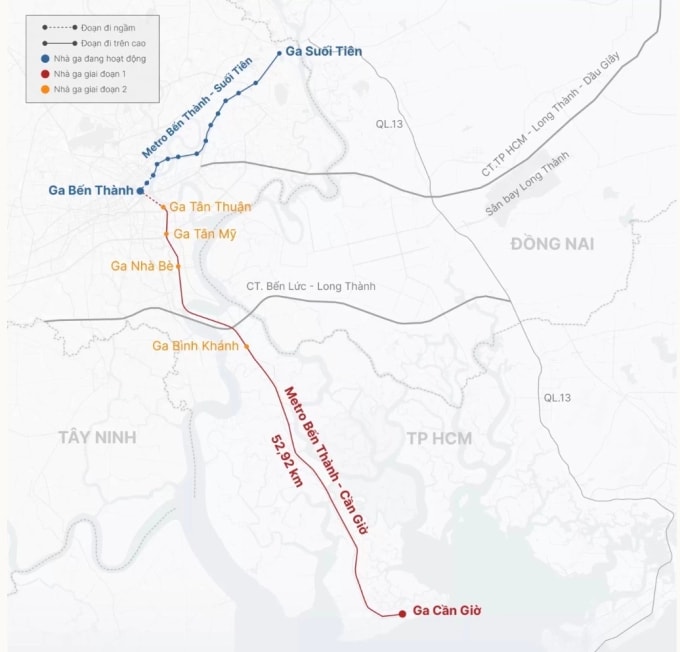 Hướng tuyến metro Bến Thành - Cần Giờ. Đồ họa: Khánh Hoàng