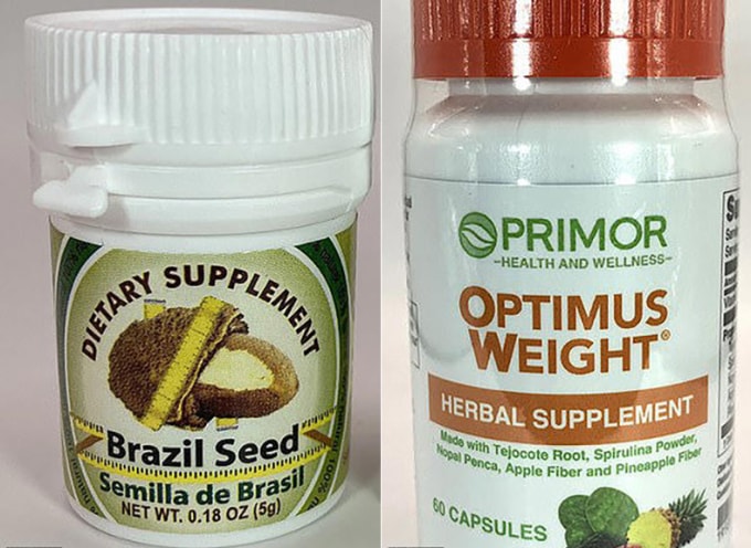 Hai thực phẩm chức năng dán nhãn rễ cây tejocote hoặc hạt Brazil được FDA xác định chứa trúc đào vàng có độc tính cao. Ảnh: FDA