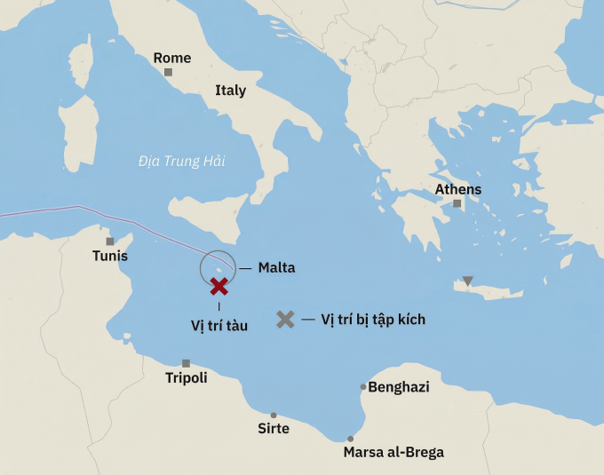 Vị trí tàu Arctic Metagaz trôi dạt gần Malta và Italy trên biển Địa Trung Hải. Đồ họa: NTV.de