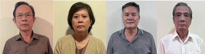Từ trái qua, các bị can Trần Ngọc Thuận; Nguyễn Thị Hồng; Võ Sỹ Lực; Trần Thoại. Ảnh: Bộ Công an