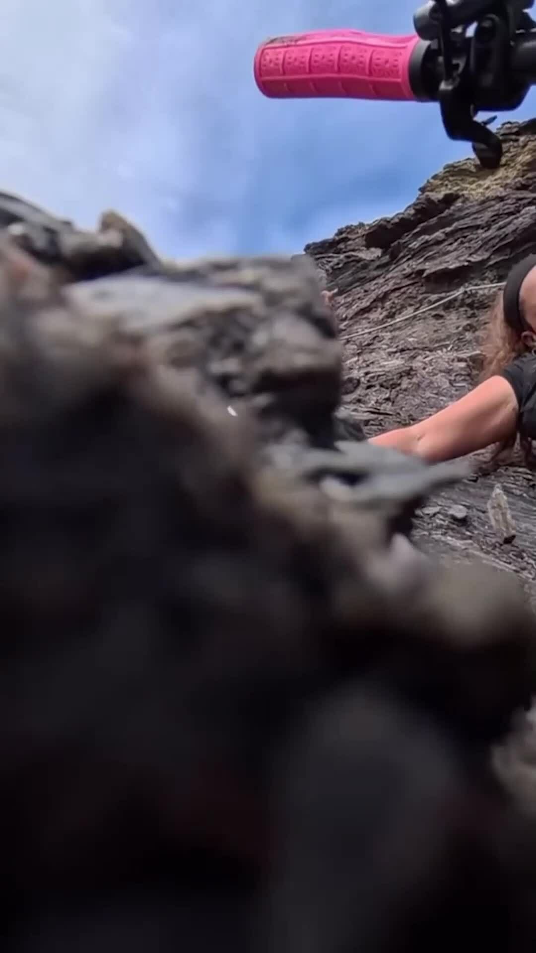 Đạp xe ven vách đá, cô gái suýt gặp nạn vì dừng lại chào chú chó