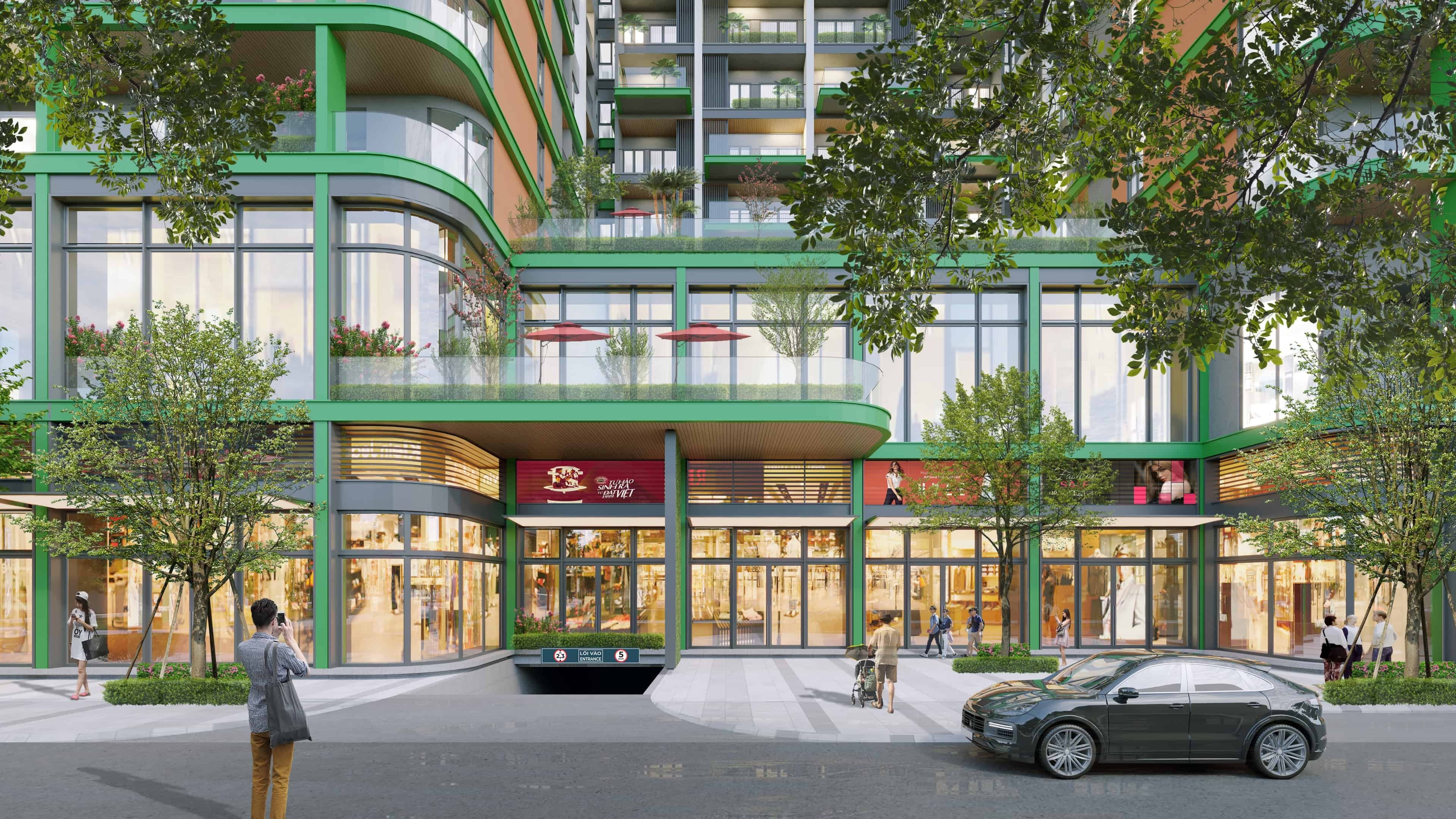 Hệ thống shophouse và hệ tiện ích nội khu tại khối đế kiến tạo nhịp sống thượng lưu.