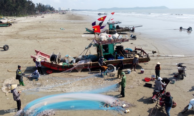 Mỗi sáng, hàng trăm ngư dân vùng ven biển phường Nam Sầm Sơn hối hả thu cá sau khi những chiếc thuyền bè cập bờ. Ảnh: Lê Hoàng