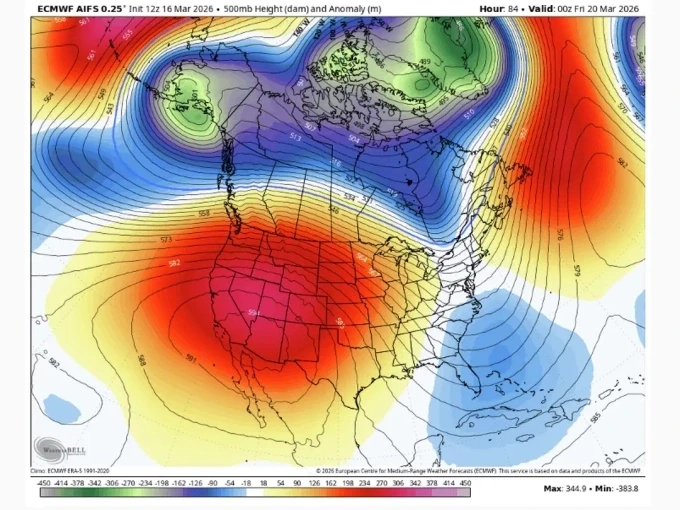 Vòm nhiệt ảnh hưởng California trong đợt nóng kỷ lục giữa mùa đông. Đồ họa: ECMWF