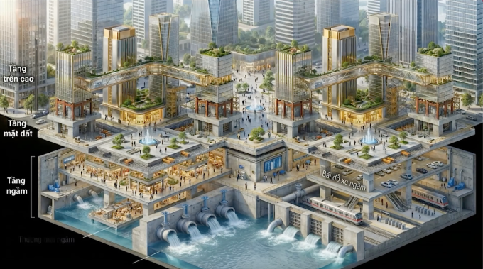 Phối cảnh phát triển Hà Nội theo mô hình đa tầng, đa lớp, theo đồ án Quy hoạch tổng thể Thủ đô Hà Nội tầm nhìn 100 năm.