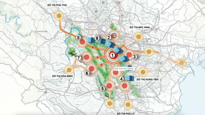 Sơ đồ phát triển liên vùng đô thị trong đồ án Quy hoạch tổng thể Thủ đô Hà Nội tầm nhìn 100 năm.