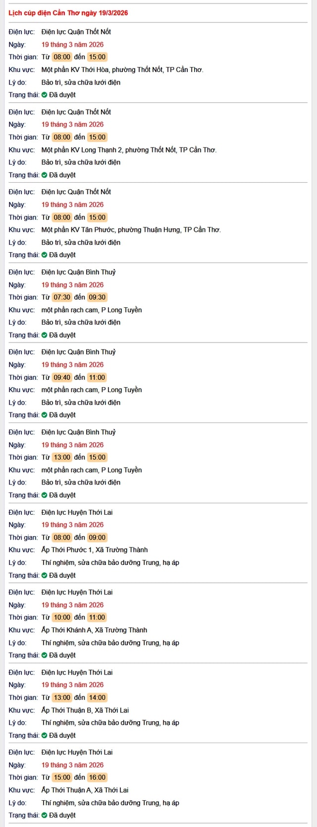 Tra cứu lịch cúp điện Cần Thơ hôm nay Thứ 5 ngày 19/3/2026- Ảnh 1.