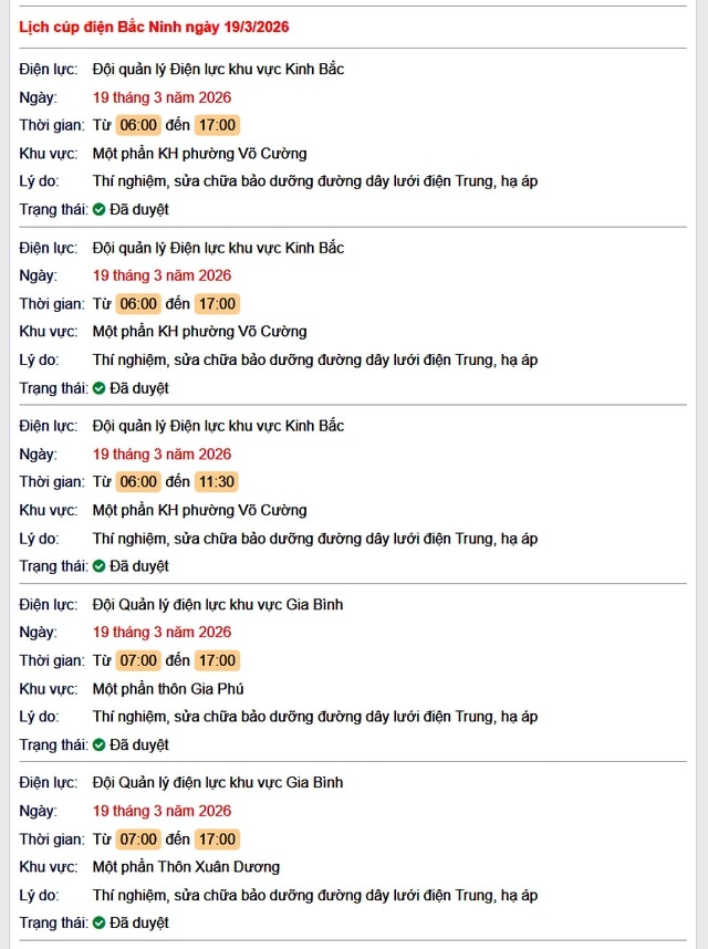 Tra cứu lịch cắt điện Bắc Ninh hôm nay Thứ 5 ngày 19/3/2026- Ảnh 1.