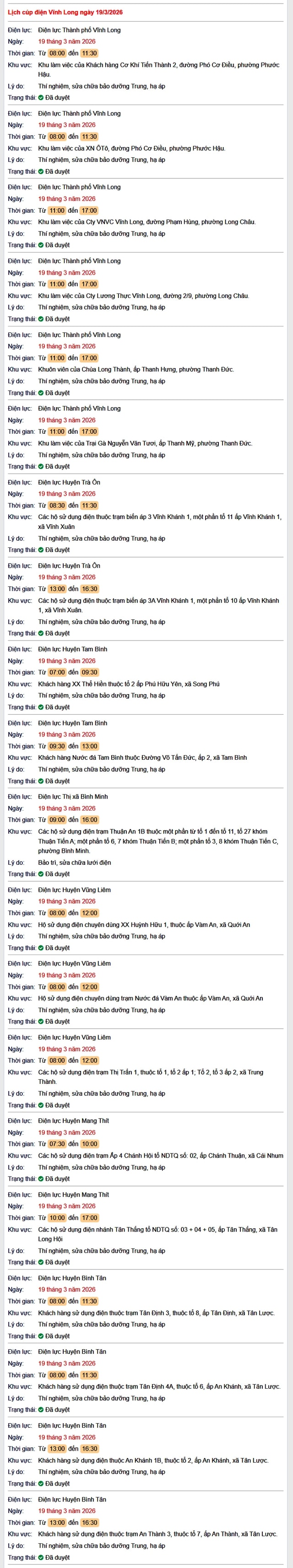 Tra cứu lịch cúp điện Vĩnh Long hôm nay Thứ 5 ngày 19/3/2026- Ảnh 1.