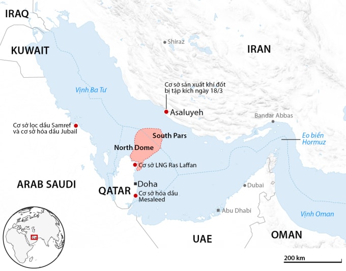 Vị trí mỏ South Pars và một số cơ sở năng lượng bị tập kích trong ngày 18/3. Đồ họa: Guardian