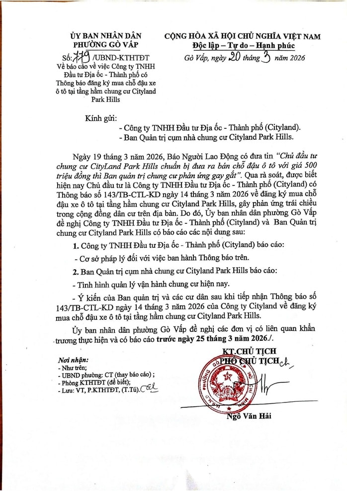 UBND phường Gò Vấp yêu cầu CityLand báo cáo vụ bán chỗ đậu xe 500 triệu đồng - Ảnh 2. UBND phường Gò Vấp yêu cầu CityLand báo cáo vụ bán chỗ đậu xe 500 triệu đồng - Ảnh 2.