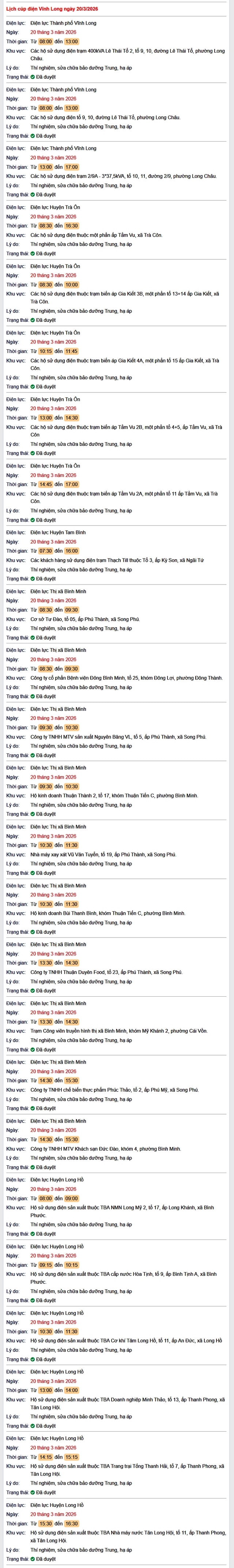 Tra cứu lịch cúp điện Vĩnh Long hôm nay Thứ 6 ngày 20/3/2026- Ảnh 1. Tra cứu lịch cúp điện Vĩnh Long hôm nay Thứ 6 ngày 20/3/2026- Ảnh 1.