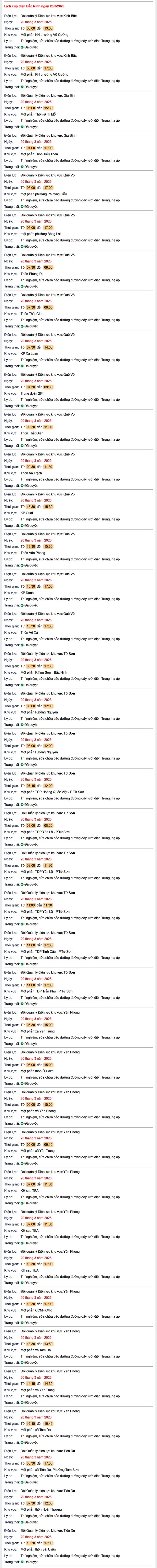 Tra cứu lịch cắt điện Bắc Ninh hôm nay Thứ 6 ngày 20/3/2026- Ảnh 1.